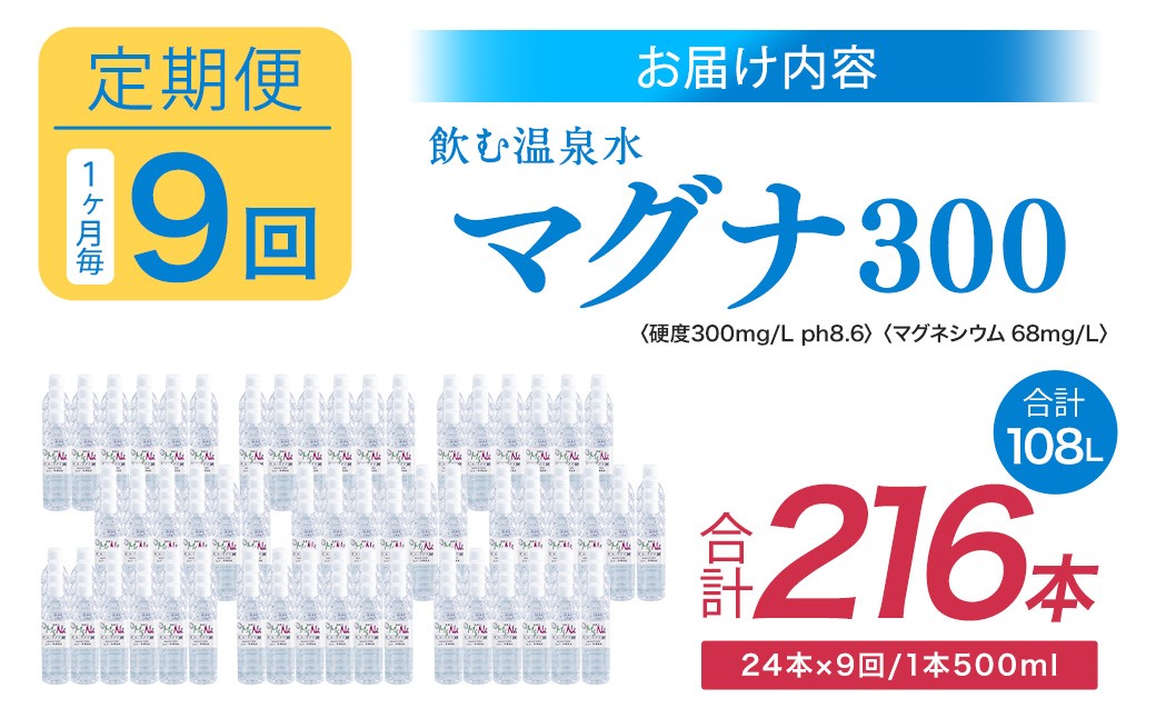 【1ヶ月毎9回定期便】 硬水ミネラルウォーターマグナ300 500ml 計216本 （24本×9回）