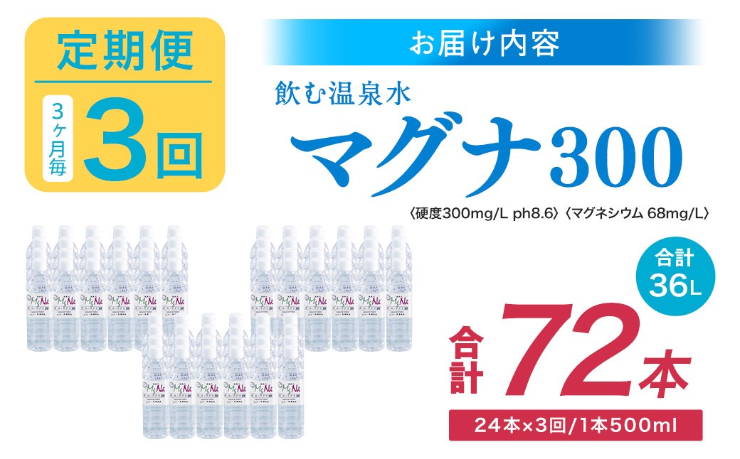 【3ヶ月毎3回定期便】 硬水ミネラルウォーターマグナ300 500ml 計72本 （24本×3回）