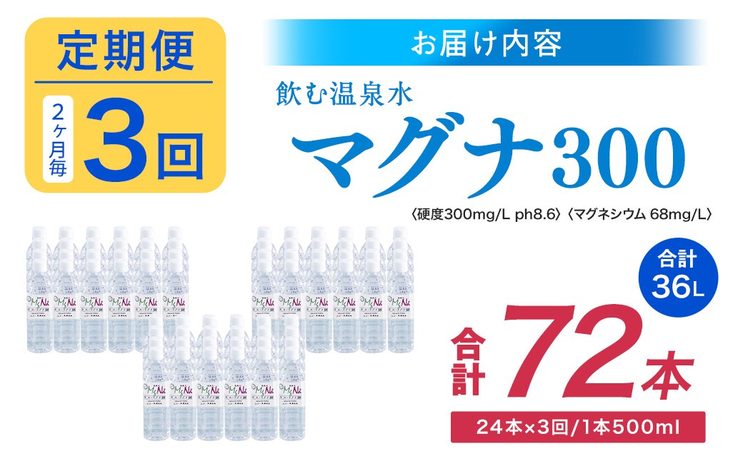 【2ヶ月毎3回定期便】 硬水ミネラルウォーターマグナ300 500ml 計72本 （24本×3回）