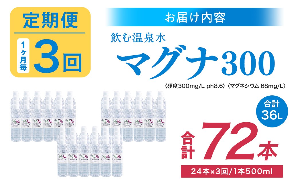 【1ヶ月毎3回定期便】 硬水ミネラルウォーターマグナ300 500ml 計72本 （24本×3回）