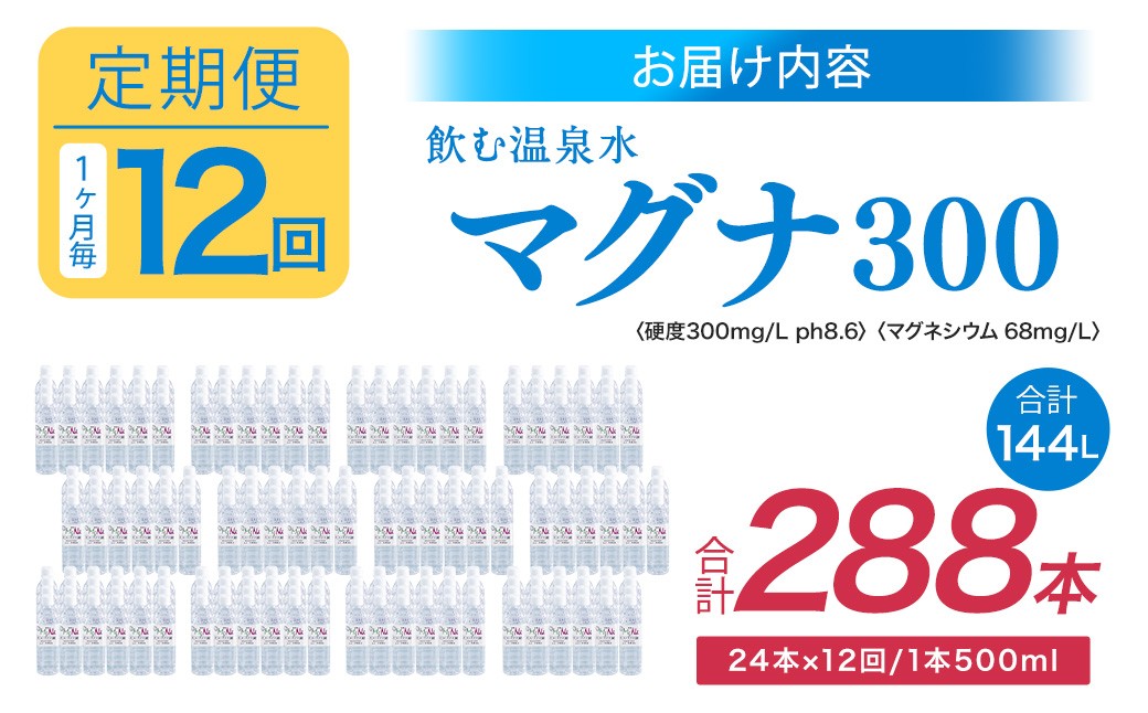 【1ヶ月毎12回定期便】 硬水ミネラルウォーターマグナ300 500ml 計288本 （24本×12回）