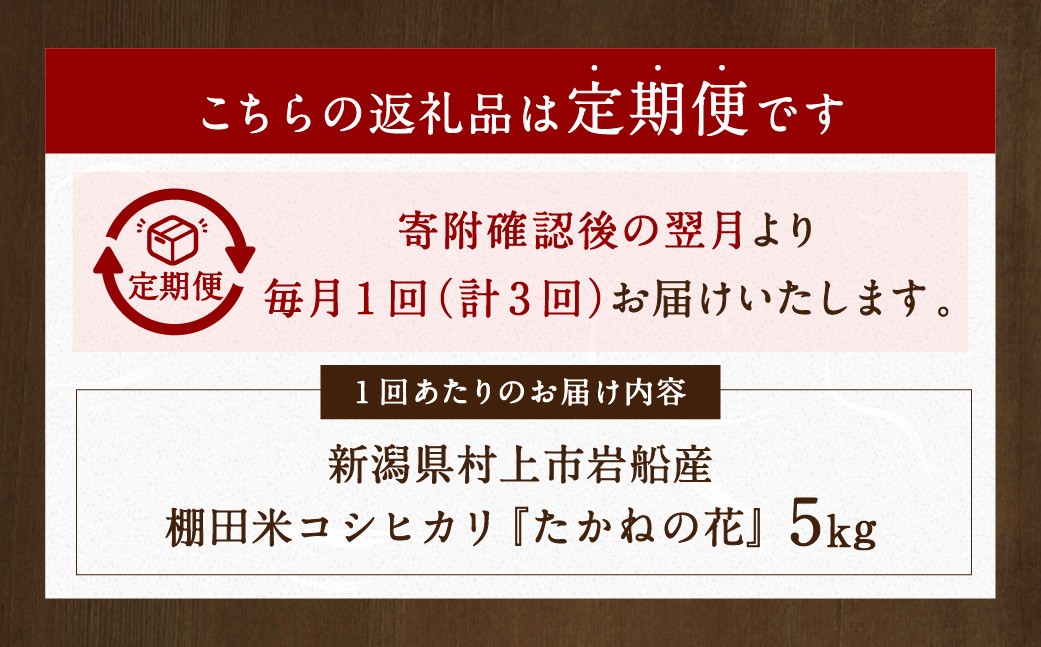 【令和7年産米】【定期便：3ヶ月連続でお届け】新潟県村上市岩船産 棚田米コシヒカリ「たかねの花」 5kg×3ヶ月