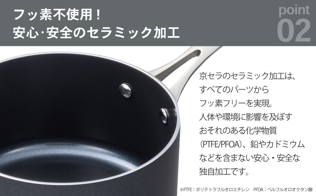【京セラ】フッ素不使用 セラブリッド 片手鍋 ステンレスハンドル 20cm（IH/ガス火対応）