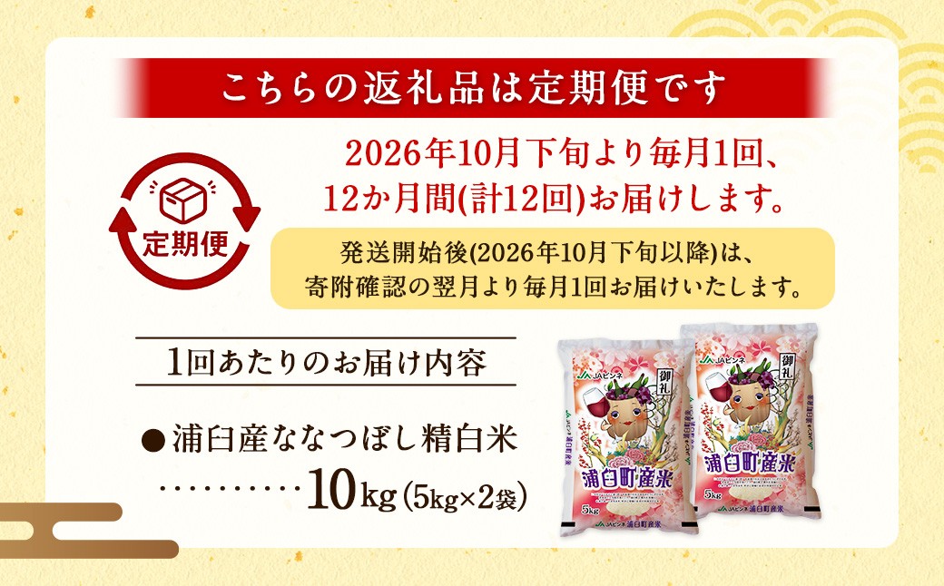 【12回定期便】浦臼産ななつぼし精白米10kg（5kg×2袋）