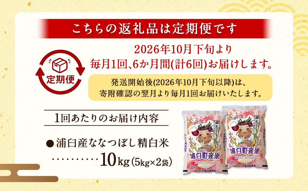 【6回定期便】浦臼産ななつぼし精白米10kg（5kg×2袋）