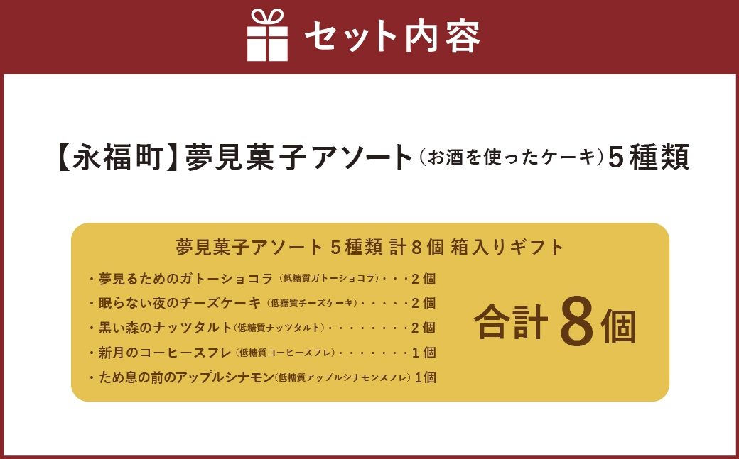 夢見菓子アソート5種類計8個箱入りギフト（お酒を使ったケーキ）