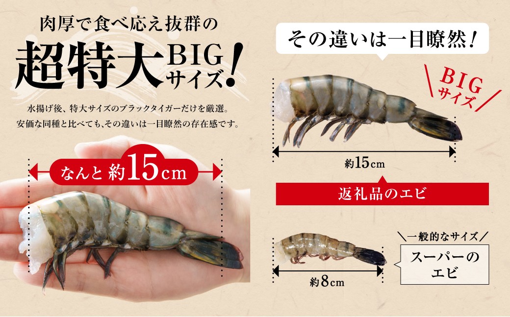 特大 ブラックタイガー 無頭えび 45尾（15尾 × 3セット）｜ 海老 えび エビ ブラックタイガー 海鮮 魚介 殻付き 冷凍