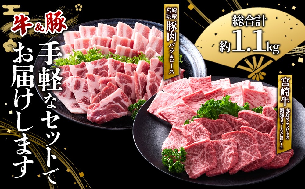 宮崎牛と宮崎県産豚の焼肉セット 計1.1kg（真空パック・小分け）