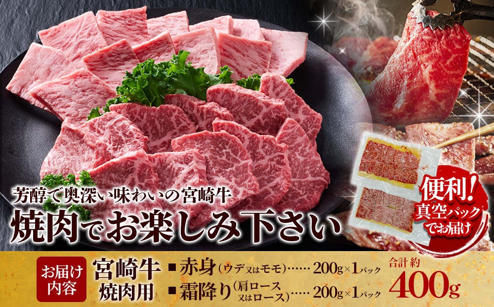 宮崎牛 焼肉セット(赤身＆霜降り) 400g 真空パック