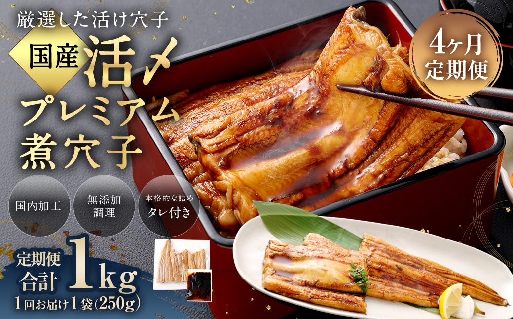【4ヶ月定期便】国産活〆 プレミアム煮穴子250g（250g×1袋） タレ（50g）付