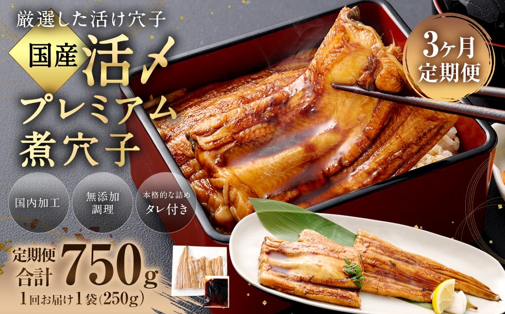 【3ヶ月定期便】国産活〆 プレミアム煮穴子250g（250g×1袋） タレ（50g）付