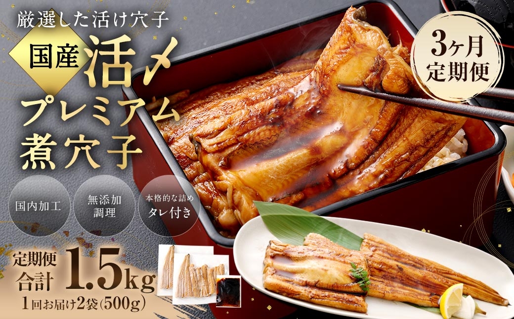 【3ヶ月定期便】国産活〆 プレミアム煮穴子500g（250g×2袋） タレ（50g）付