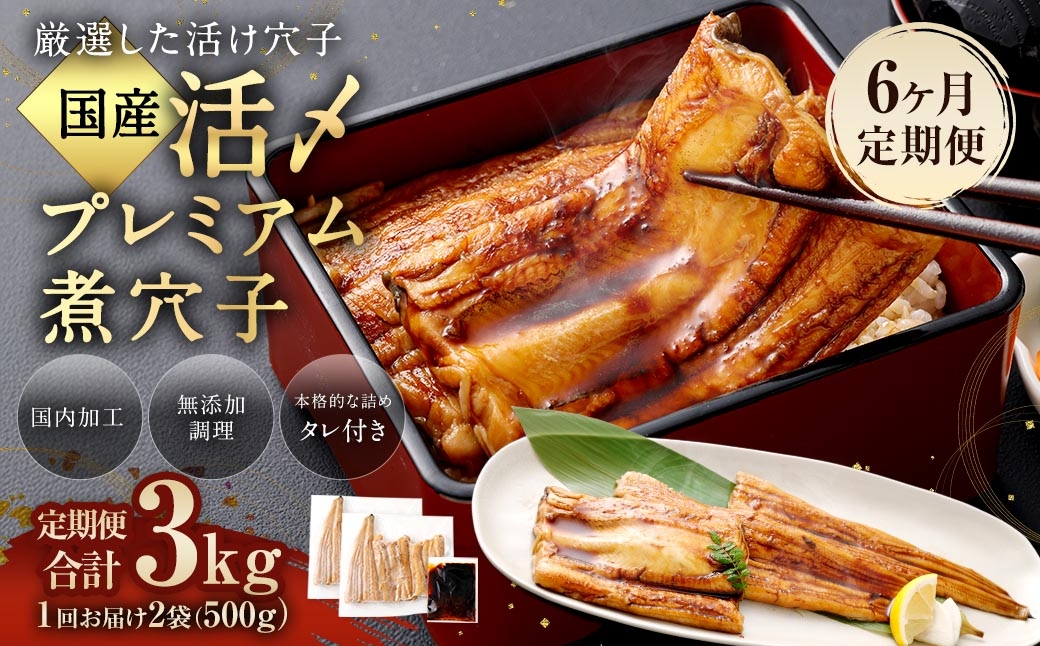 【6ヶ月定期便】国産活〆 プレミアム煮穴子500g（250g×2袋） タレ（50g）付
