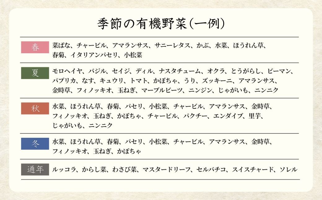 葉ものや根菜類などを中心に味が濃くて美味しい有機野菜を詰めてお届けします