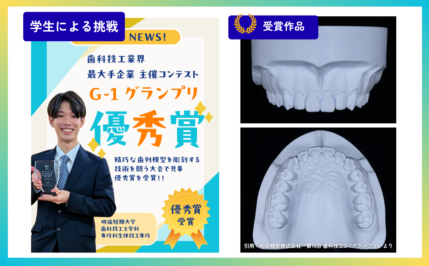 学生が全国規模のコンテストや学会で数々の賞を受賞。挑戦を通じて技術力と探究心を育み、次世代の歯科医療を支える人材を育成しています
