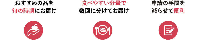 おすすめの品を旬の時期にお届け 食べやすい分量で数回に分けてお届け 申請の手間を減らせて便利