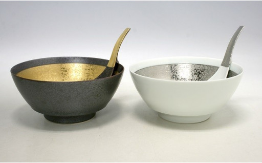 有田焼！究極のラーメン鉢　金プラチナ巻（ペア レンゲ付）