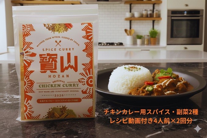 返礼品：チキンカレー用スパイス・副菜2種イメージ