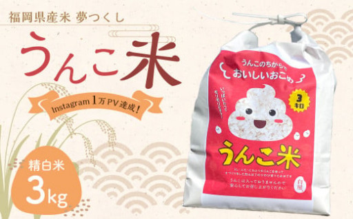 うんこ米 精白米 3kg 福岡県産米 夢つくし 