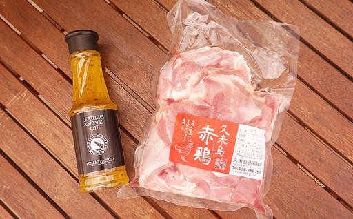 久米島産赤鶏モモ肉＆ガーリックオリーブオイル