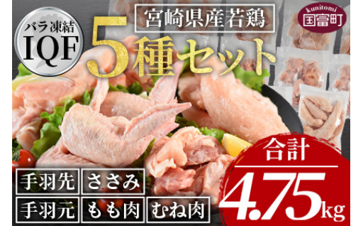宮崎県産若鶏肉IQF 5種セット 4.75kg