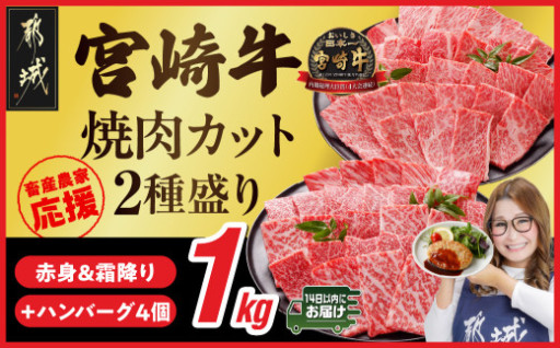 都城市より～畜産農家応援! 宮崎牛焼肉2種セット500g×2パック+豚肉ハンバーグ100g×4個