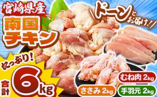 宮崎県産 南国チキン 3種部位セット（ ササミ、手羽元、ムネ ） 合計 6kg