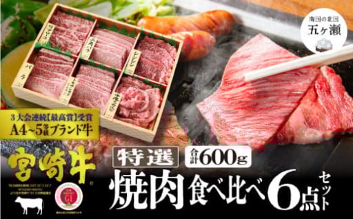 宮崎牛 特選食べ比べ焼肉6点盛り<合計600ｇ>