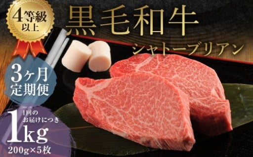 【3ヶ月定期便】 くまもと 黒毛和牛 シャトーブリアン 1.0kg（200g×5枚）