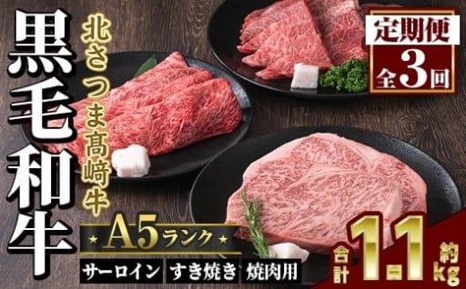 ＜定期便・全3回＞鹿児島県産 北さつま高崎牛 プレミアムセット (合計約1.1kg)