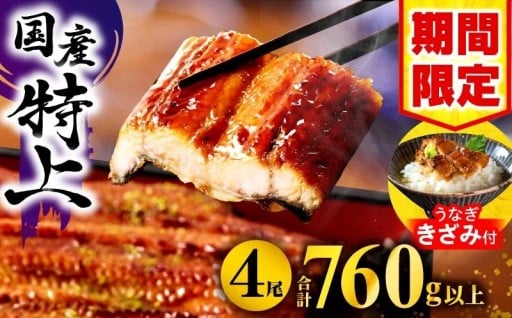 【宮崎県宮崎市】🔥九州産うなぎ蒲焼4尾 きざみ付き🔥