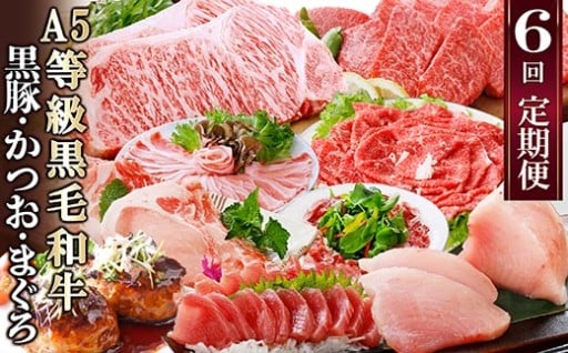 定期便(6回)A5等級黒毛和牛・黒豚・かつお・まぐろ FF-0058