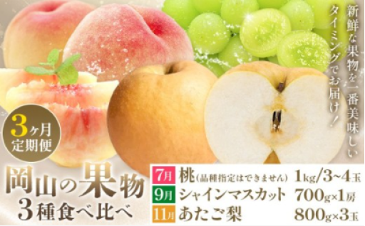 【2026年発送】【定期便】岡山の果物　3種食べ比べ 3回発送🍑🍇🍐