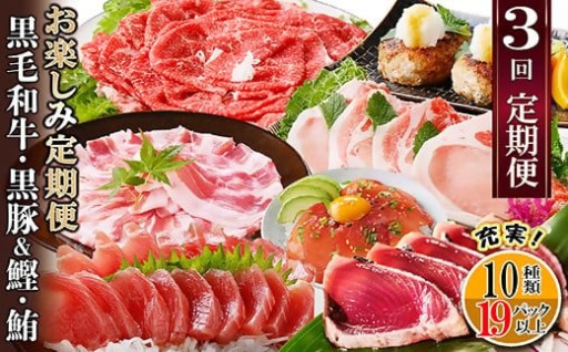 定期便3回配送　お楽しみ定期便(黒毛和牛・黒豚・かつお・まぐろ) LL-6014