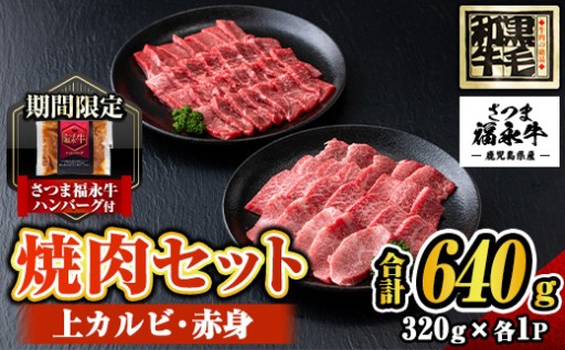 さつま福永牛 鹿児島黒毛和牛焼肉セット！(上カルビ320g・赤身320g)≪ハンバーグ1個付≫