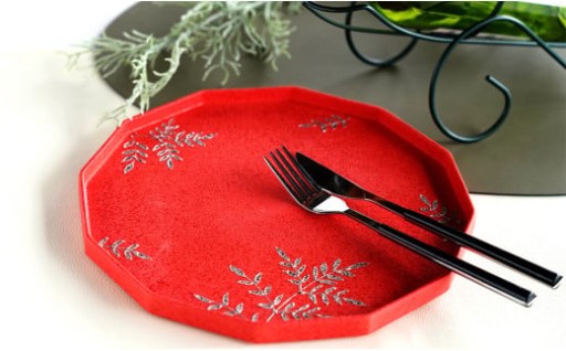 緋彩プラチナシダ紋 十二角プレート【松尾陶器】