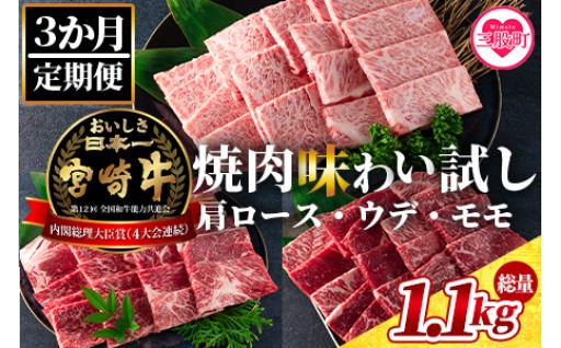 《毎月数量限定》【3ヶ月定期便】総重量1.1kg 宮崎牛焼肉味わい試し