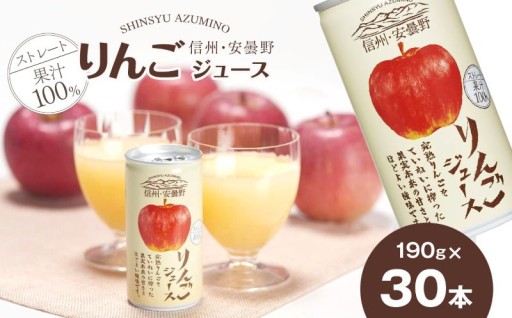 果汁 100 ストレート 信州・安曇野りんごジュース 190g×30本