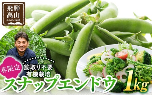 飛騨高山産 筋取り不要の有機栽培スナップエンドウ1kg（春限定・5〜6月発送）