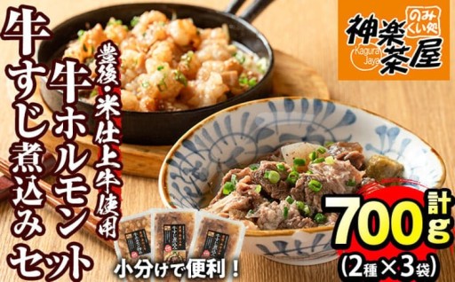 豊後米仕上げ牛牛すじ煮込み＋牛ホルモン炒めセット(合計700g・3パック)