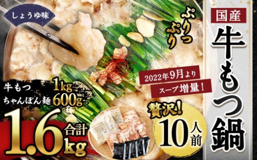 国産 牛もつ鍋 10人前 ちゃんぽん・濃縮スープ付き（醤油味）