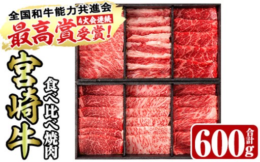 ＜宮崎牛・3D冷凍＞6部位食べ比べ焼肉(合計600g)
