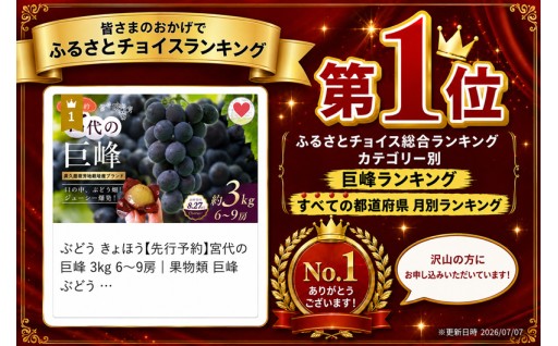 皆さまのおかげで、埼玉県認定地域特産ブランドの「宮代の巨峰3kg」がランキング第1位を獲得いたしました！※