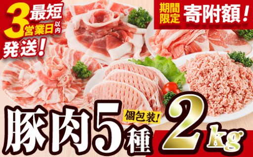 ＼3営業日以内発送／ ＜1回配送＞ 豚肉 バラエティーパック (合計2kg) 