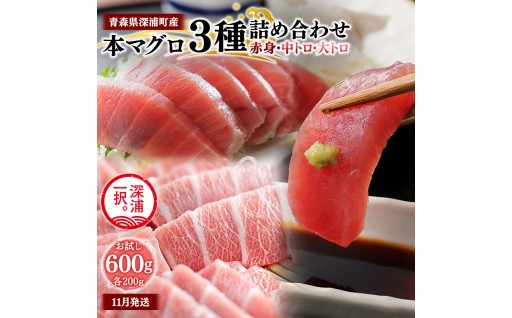 青森県深浦町産 天然本マグロ 3種食べ比べ 600g 各200g