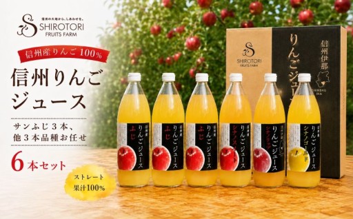 リンゴジュース 信州 りんごジュース（サンふじ3本、他3本品種お任せ）　6本セット