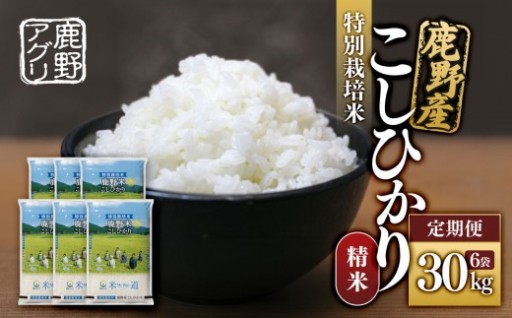 【定期便】特別栽培米鹿野産こしひかり精米30kg（5kg×6袋)