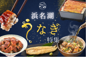 浜名湖産の絶品うなぎを紹介するふるさと納税特集バナー。蒲焼やひつまぶしなど多彩なうなぎが並ぶ。
