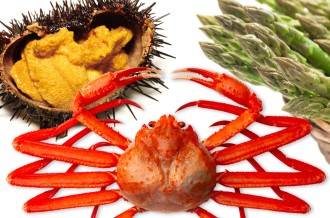 旬の江差町の特産品　ウニ・紅ずわいがに・アスパラガス