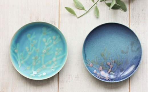 datta.沖縄南の島陶芸工房】珊瑚プレート 取り皿（2枚セット）瑠璃紺